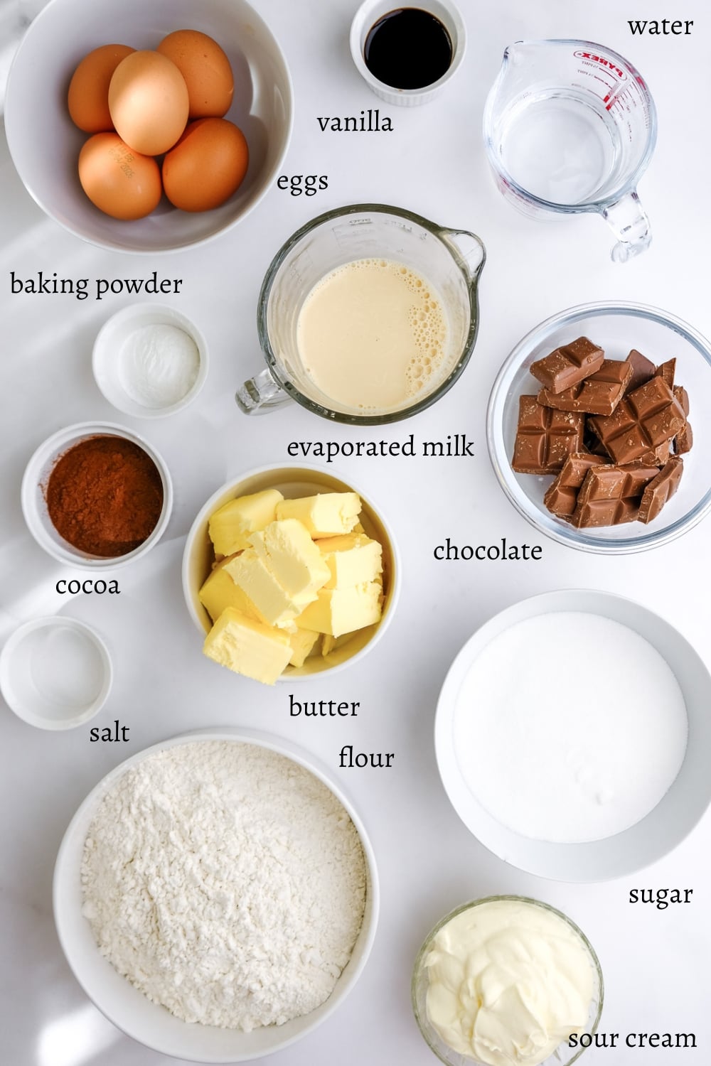Image shows ingredients needed to make this marble bundt cake recipe.