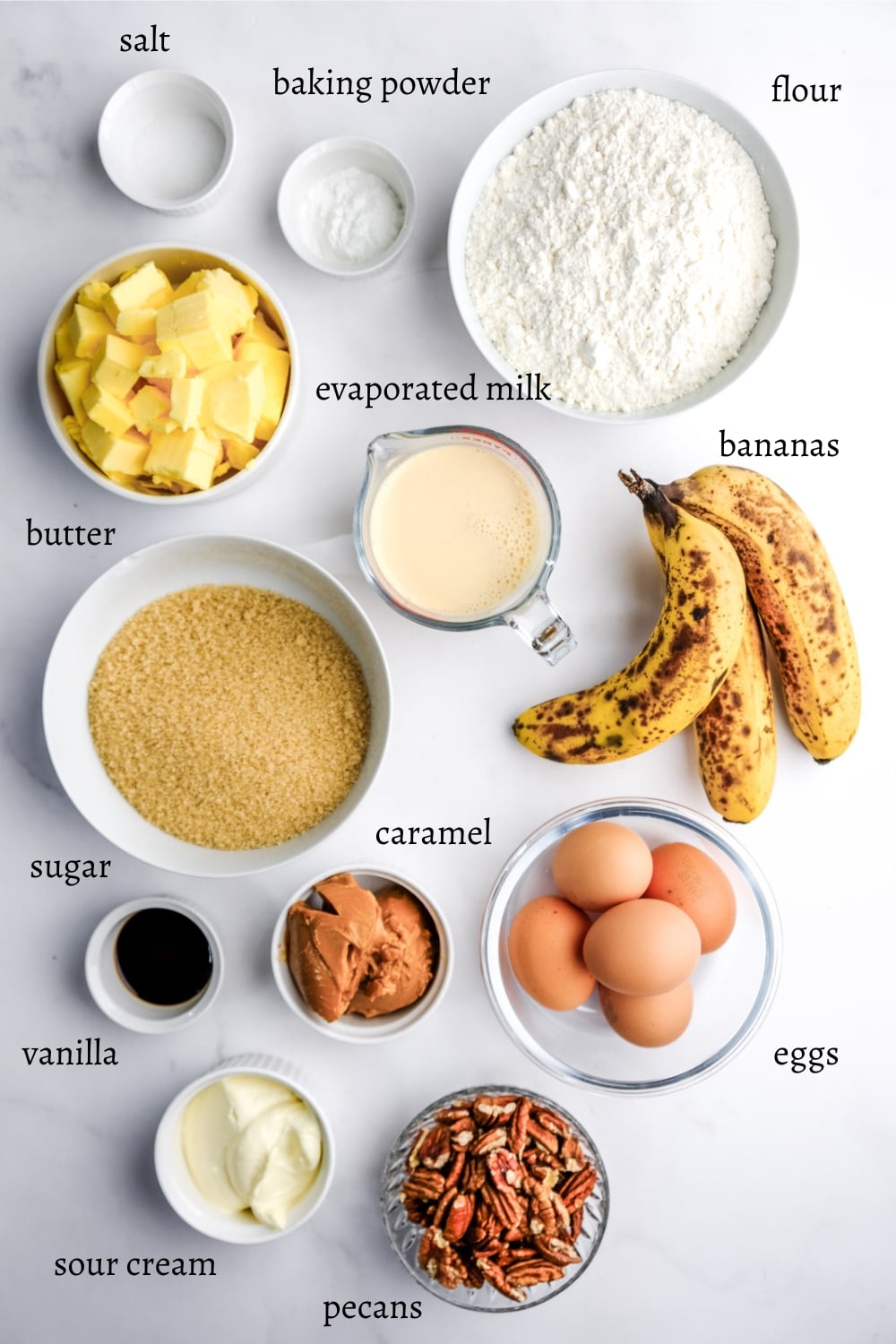 Image shows ingredients needed to make Banana Bundt Cake with Sour Cream.