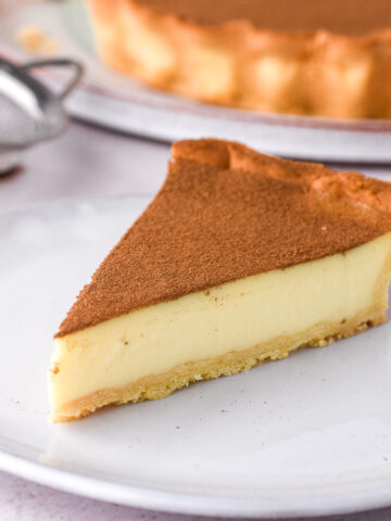A perfect slice of traditional milktart on a plate. You can see the layer of pastry, custard, and cinnamon topping.