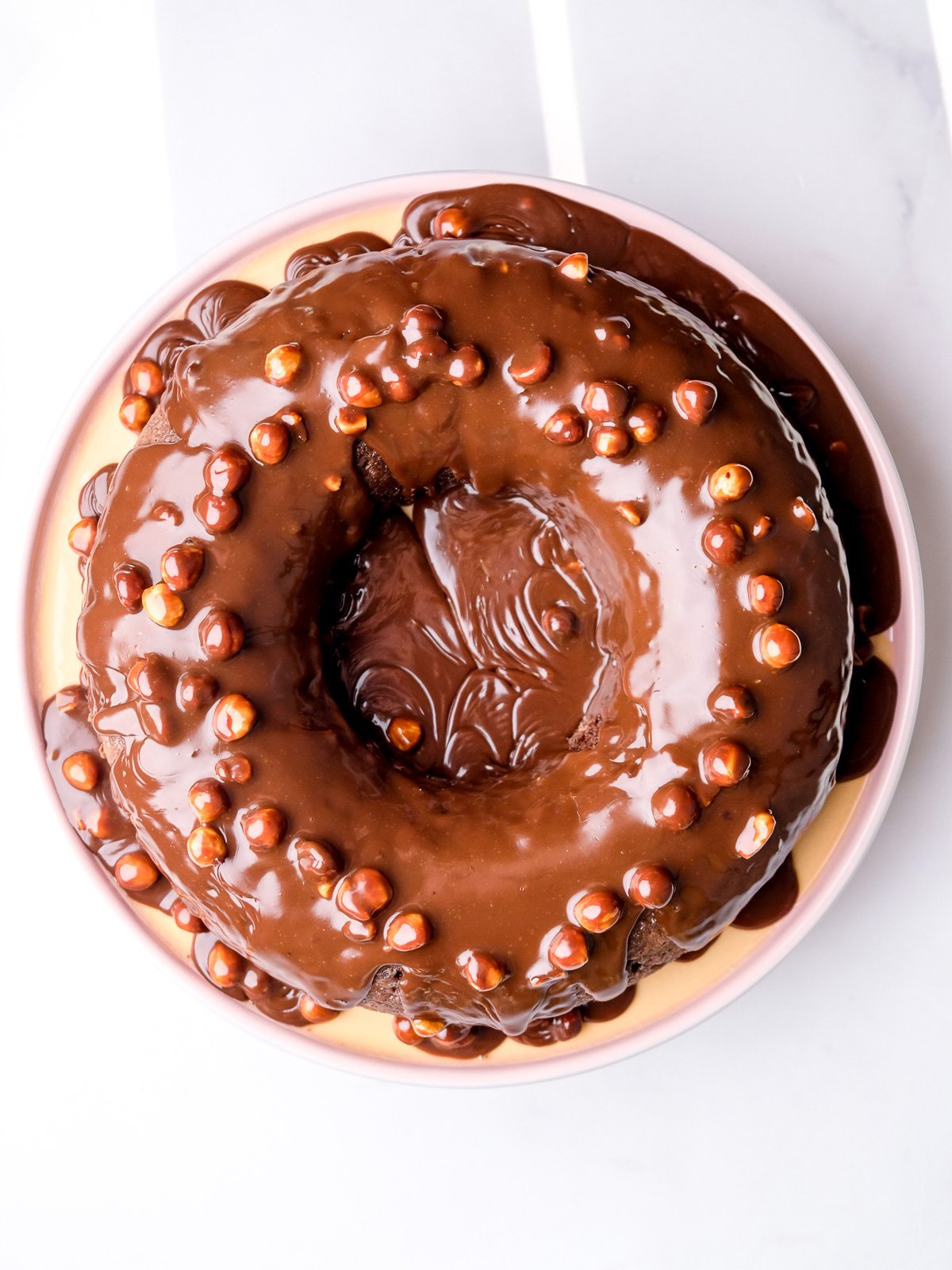 Image shows the chocolate nut bundt cake from above.