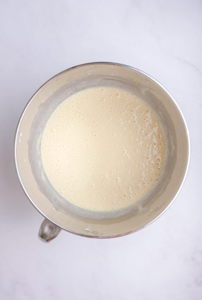 Image showing step 4, after the wet ingredients have been added to the cupcake batter. 