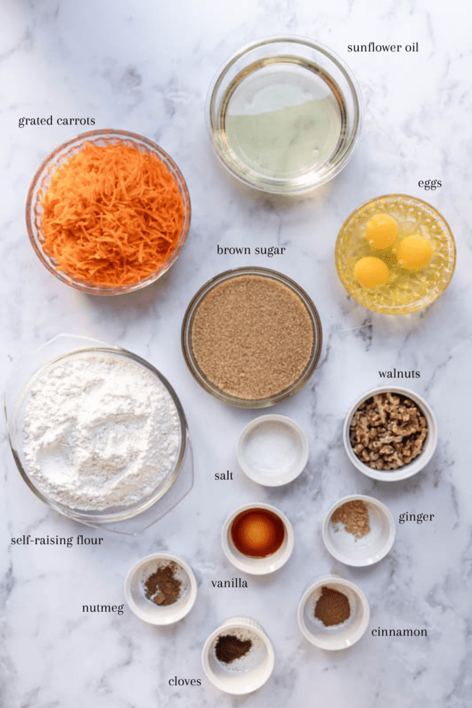 Ingredients shown for Mini Carrot Cake Loaves with Cream Cheese Frosting
