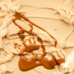 Biscoff buttercream frosting shown close up with a drizzle of Biscoff.
