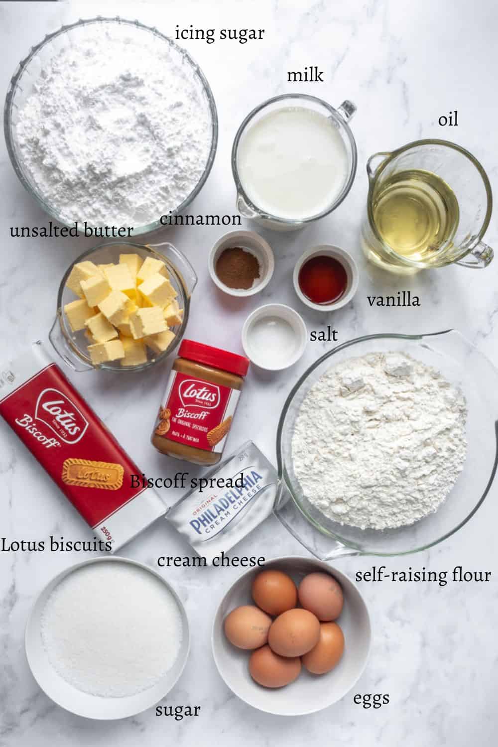 Ingredients for a Lotus Biscoff Cake