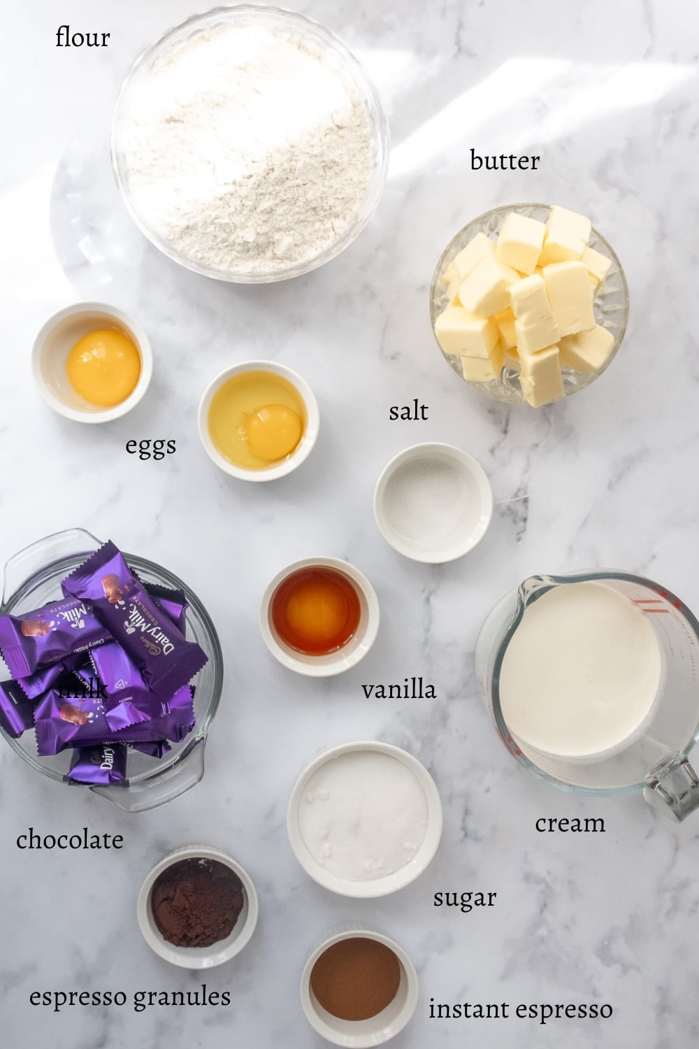 Ingredients needed to make Coffee and Chocolate Ganache Sandwich Cookies.