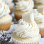 White Chocolate Cupcakes on a kitchen counter
