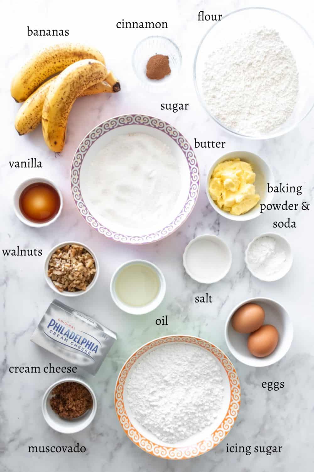 Ingredients for Banana Bread with Cream Cheese Frosting