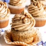 Coffee and Walnut Cupcakes on a kitchen counter