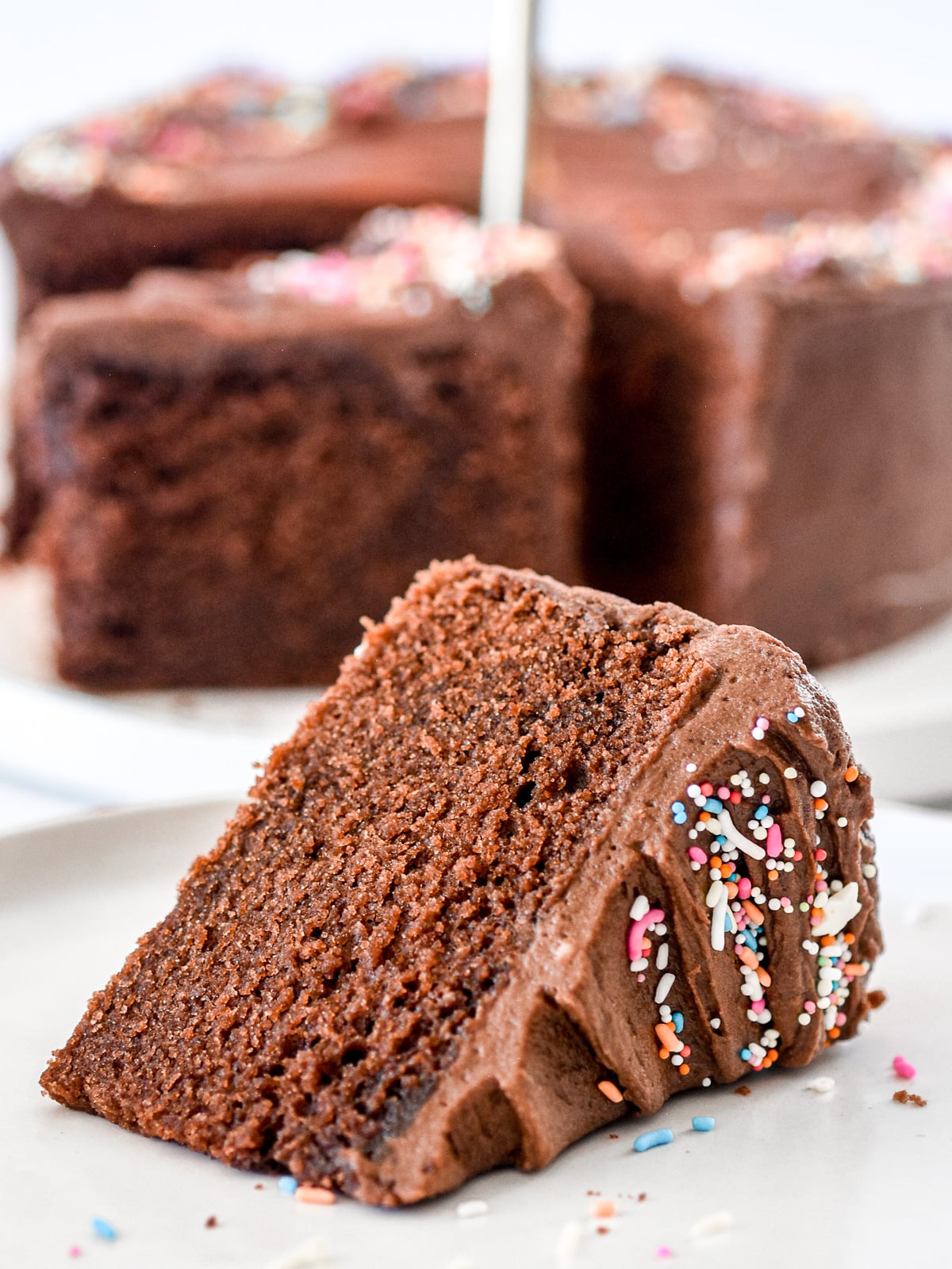 A slice of mini chocolate cake shown on its side, you can see the fluffy moist texture of the cake.