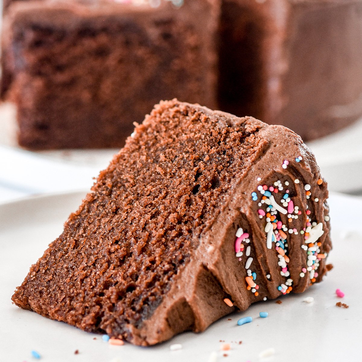 A slice of mini chocolate cake decorated with sprinkles shown on it's side.