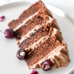 Slice of chocolate naked cake on a white plate
