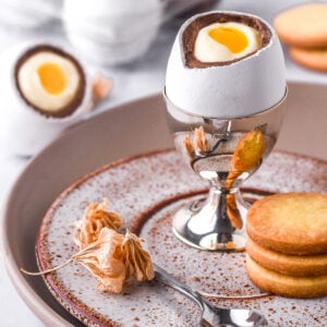 Image shows a cheesecake Easter egg in a silver egg cup next to biscuits and a small spoon.