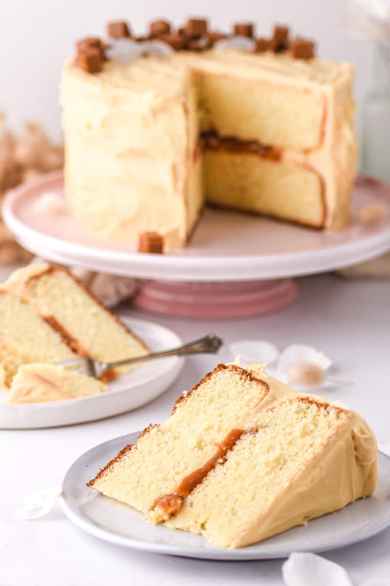 Salted Caramel Cake slices shown on a kitchen counter with the cake in the background.