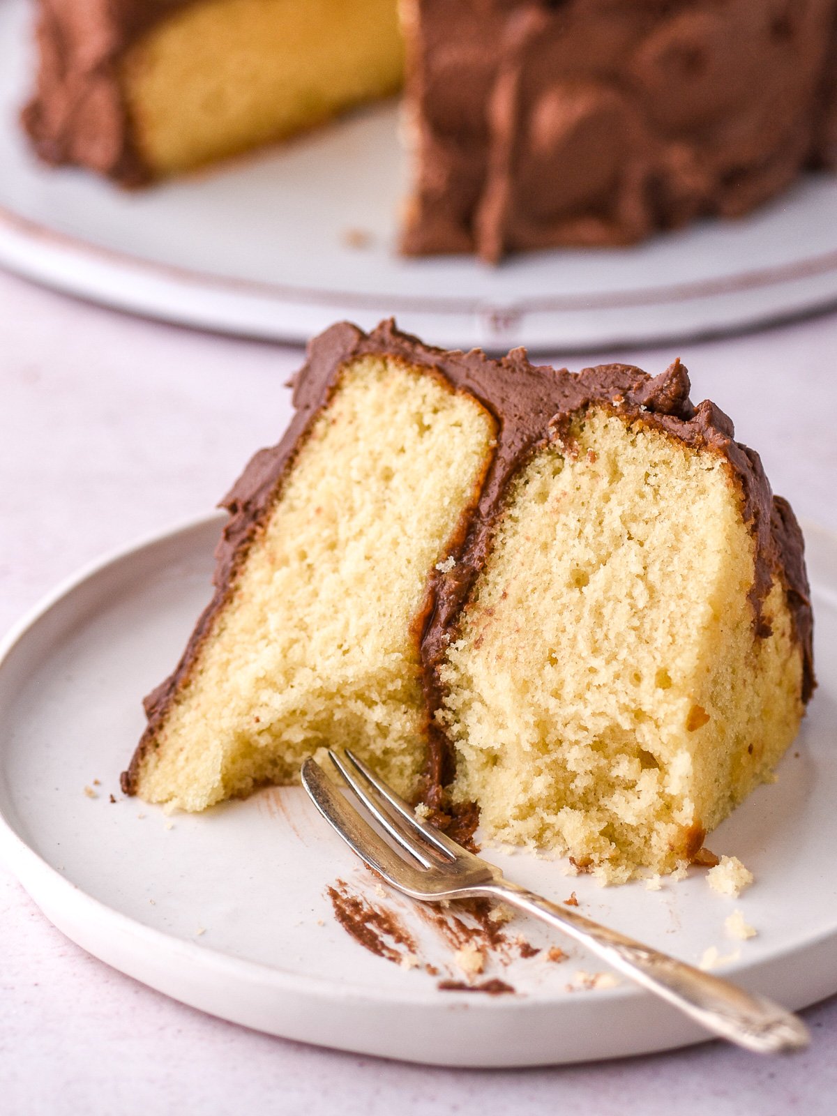 Image shows half eaten slice of cake on a plate with a fork.