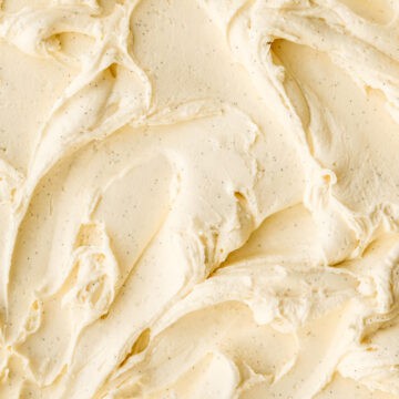 Vanilla Bean Buttercream shown up close so you can see the flecks of the vanilla bean seeds.