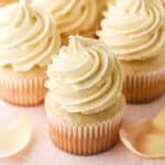 Vanilla bean cupcakes shown on a pink kitchen counter.
