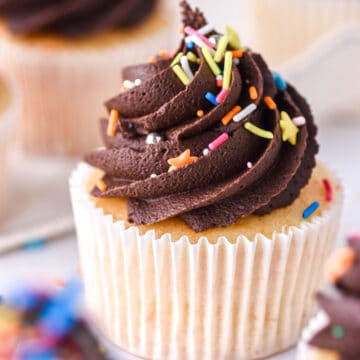 Vanilla Cupcakes with Chocolate Frosting shown on a white kitchen counter