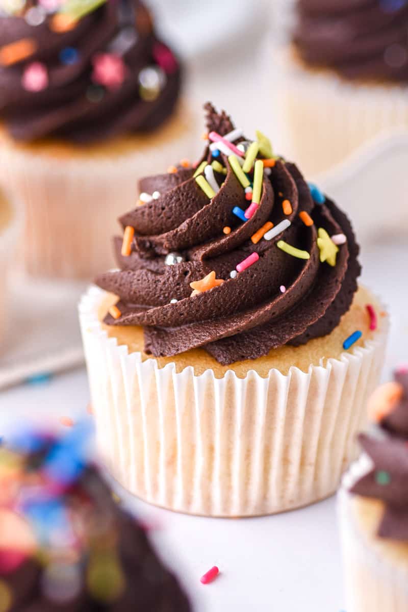 Vanilla Cupcake with Chocolate Frosting shown up close do you can see the swirl of the frosting and all the colourful sprinkles on top of the cupcake.