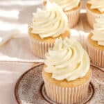 Vanilla Cupcakes with Oil shown on a pink counter top, the cupcake in the front is on a speckled plate.