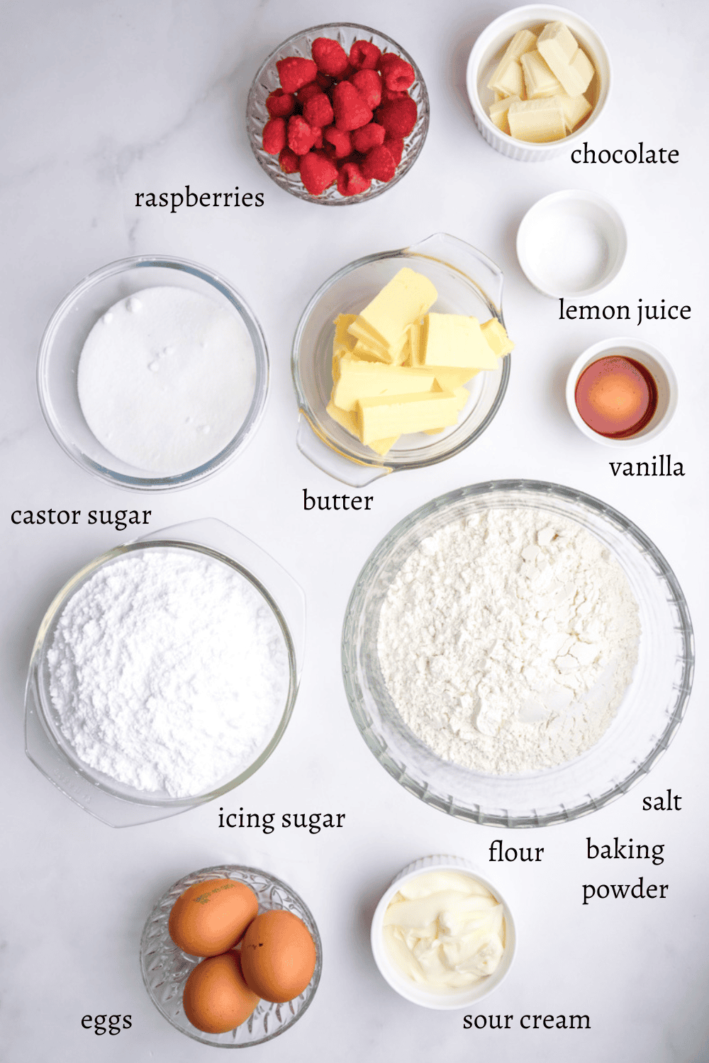 Ingredients for Raspberry and White Chocolate Cupcakes 