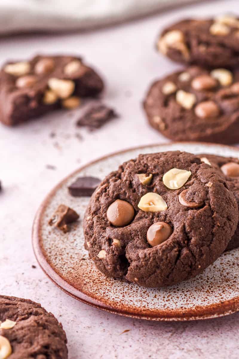 Hazelnut and Chocolate Cookies shown on a small speckled plate, there are other cookies in the background. 