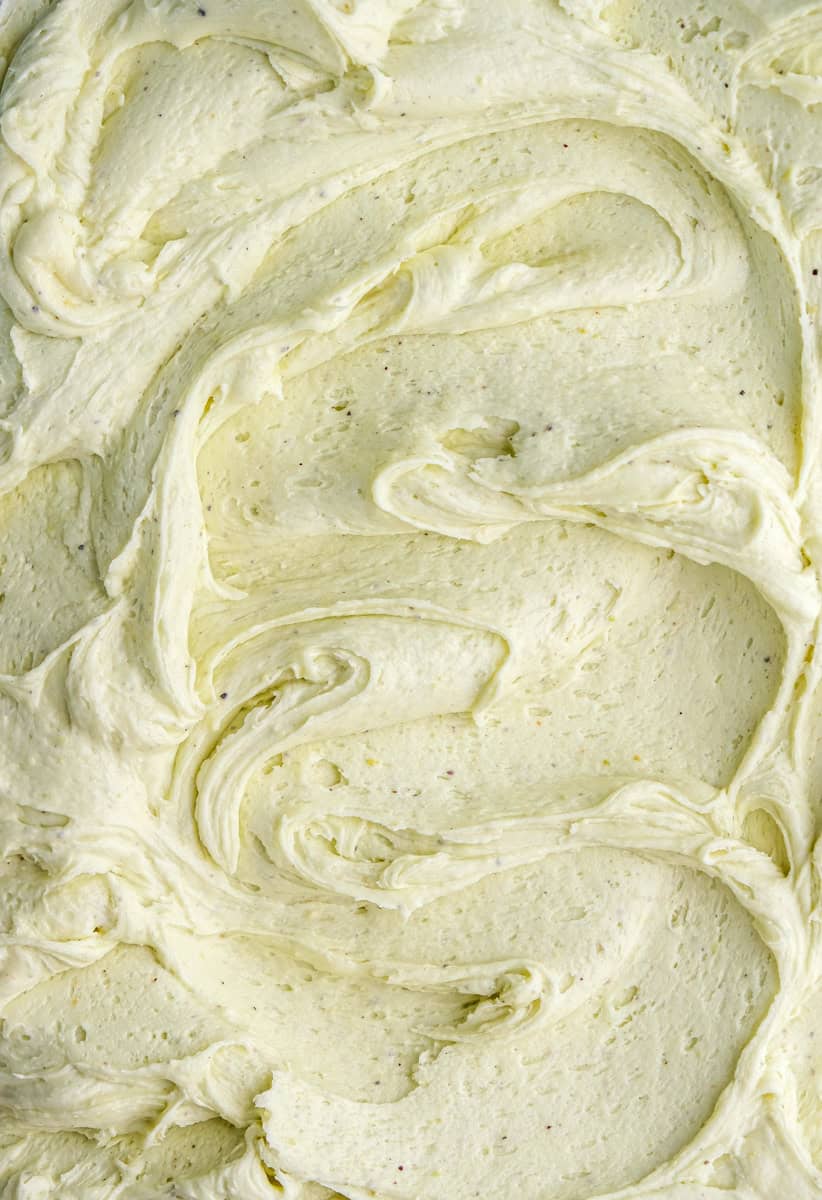 Pistachio Buttercream shown swirled up close. 