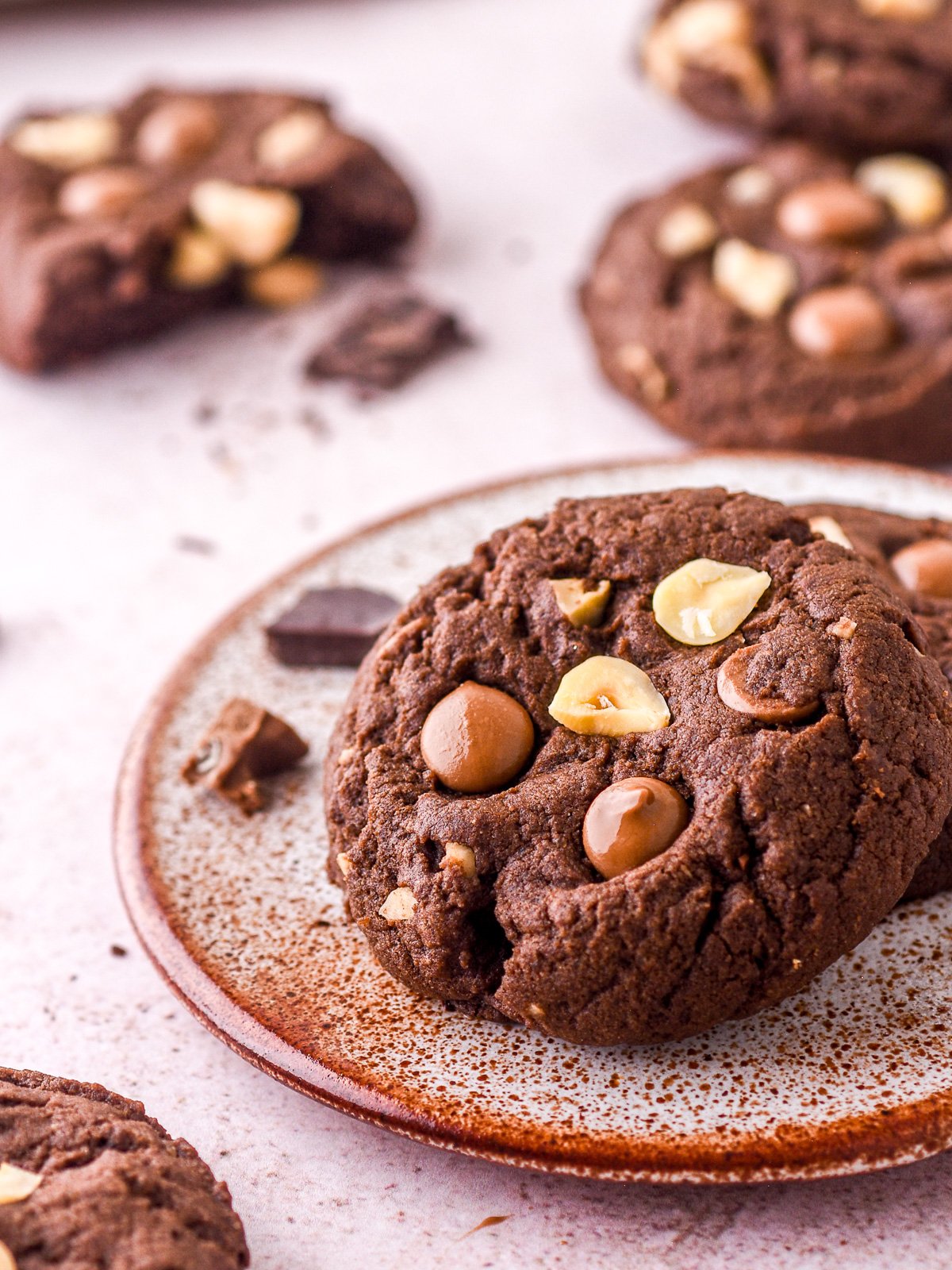 Hazelnut Chocolate Cookie shown on a speckled small plate. You can see the chocolate chips are still melted. 