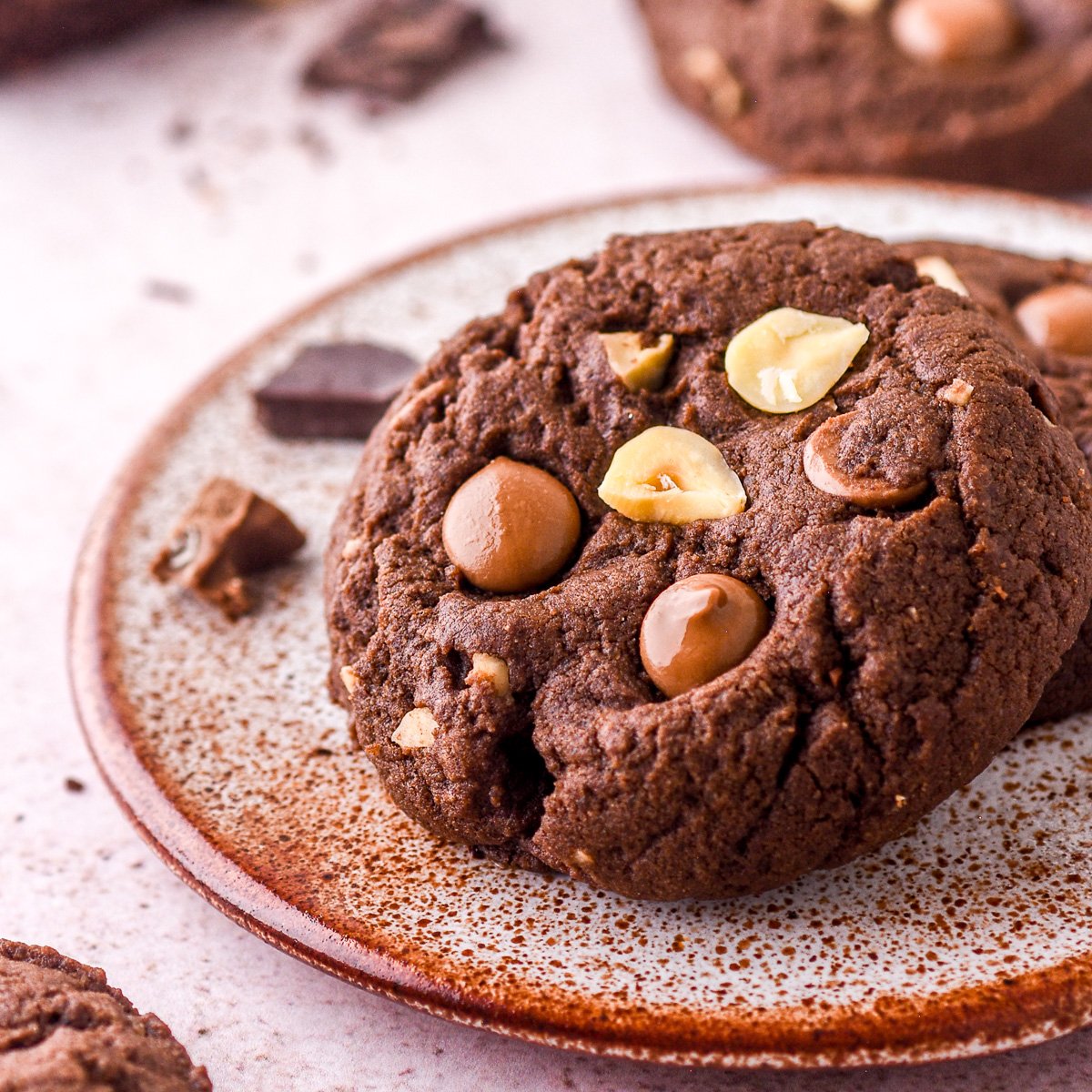 Hazelnut Chocolate Cookie shown on a speckled small plate. You can see the chocolate chips are still melted.