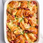 Croissant Ham and Cheese Bake shown from above on a marble kitchen counter.