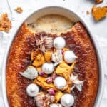 Malva pudding shown from above, there is a slice missing.