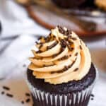 Cupcake shown on a counter with chocolate vermicelli sprinkled around it.