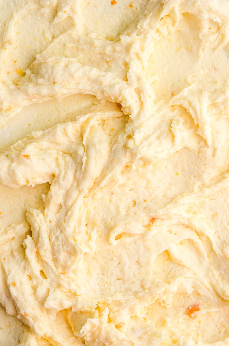 Image showing the buttercream swirled and up close on a flat surface. 