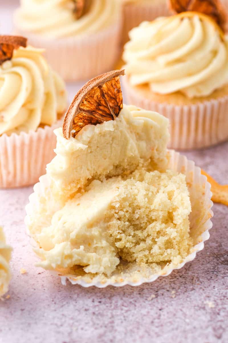 Image showing cupcake cut in half you can see the fluffy texture of the cupcake. 