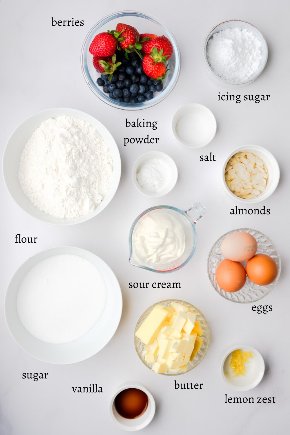Image shows ingredients needed to make a mixed berry cake.