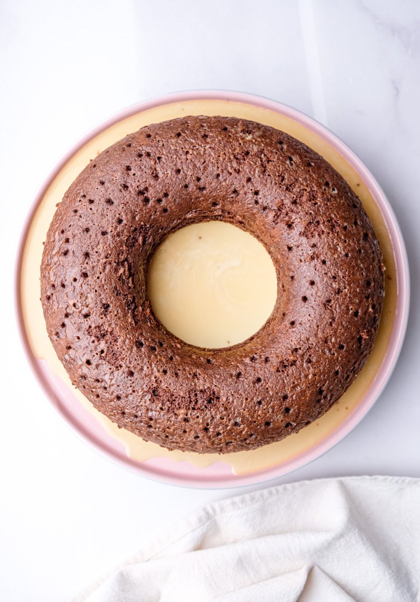 Image shows step 2 of how to make the chocolate bundt cake sauces.