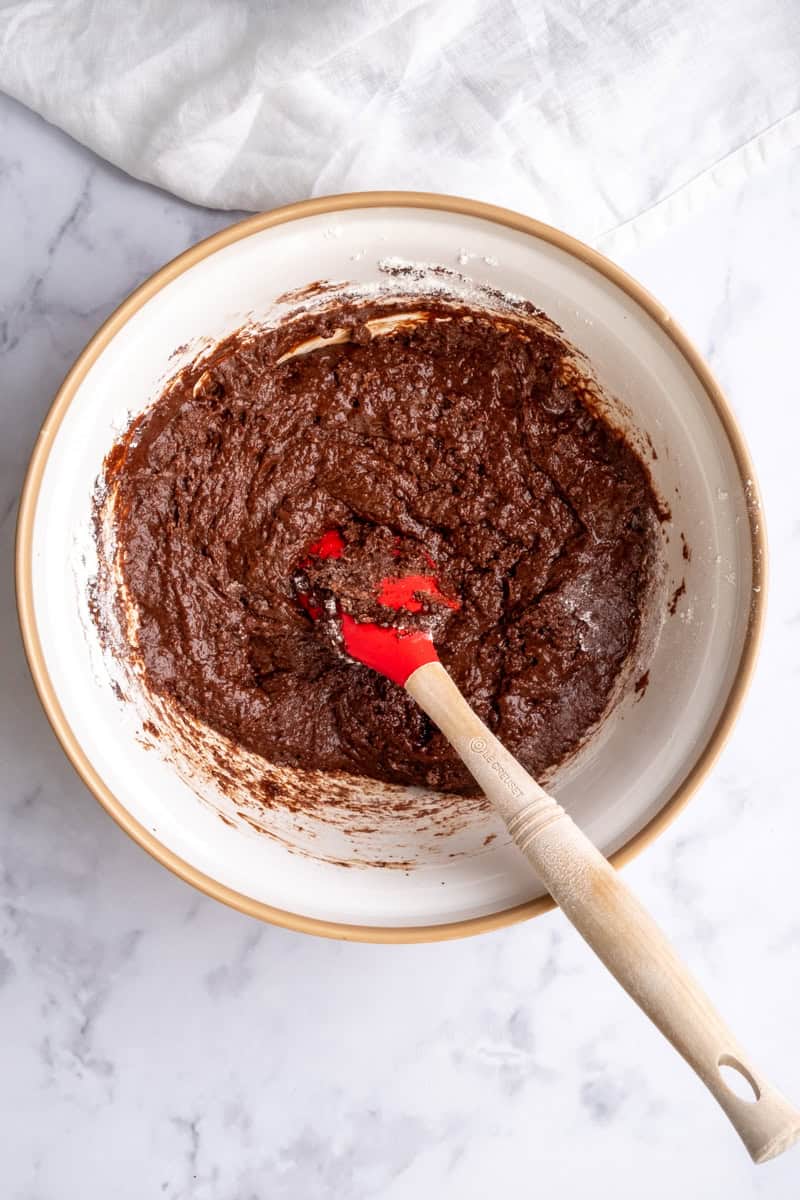 Image shows step 3 of how to make the chocolate bundt cake.
