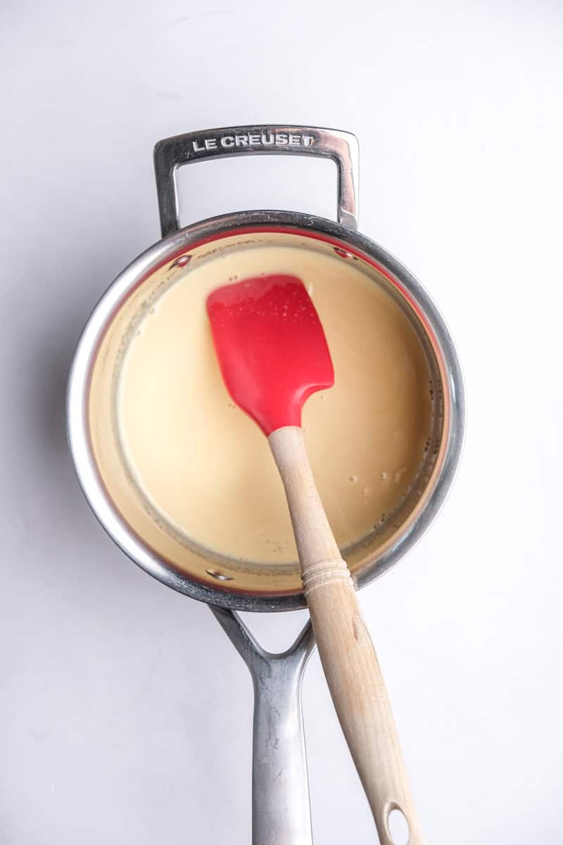 Image shows step 1 of how to make the chocolate bundt cake sauces.