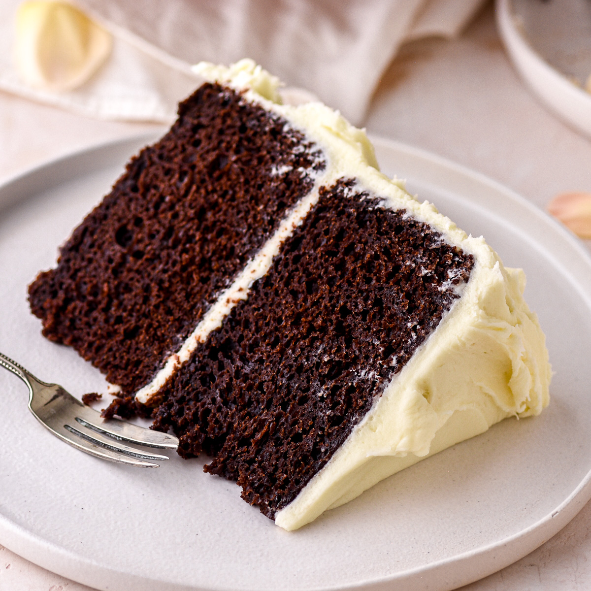 A slice of chocolate cake with cream cheese frosting shown on a white plate.