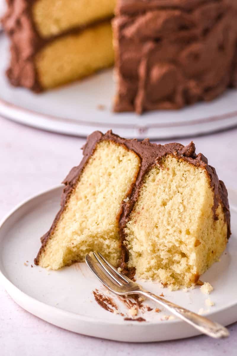 Image shows a slice of cake on a plate, a few bites have been taken. 