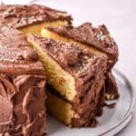 Image shows whole cake on a plate, some slices have been cut.