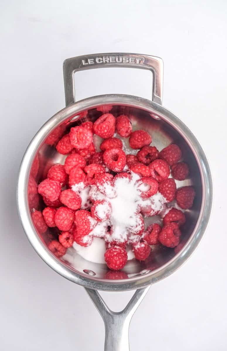 Image shows step 1 of how to make the raspberry filling.