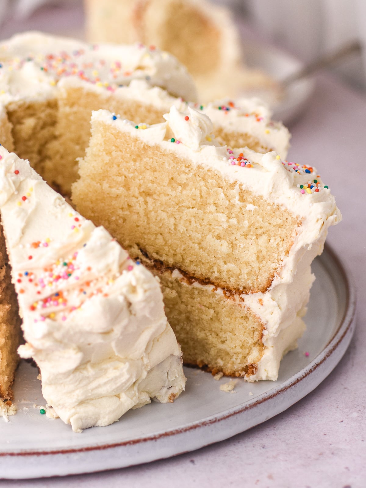 Vanilla buttercream birthday cake sliced showing soft layers. You can see one slice up close and the fluffy texture of the vanilla cake.