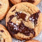 Cookies shown from an above angle. You can see the pools of melted chocolate.