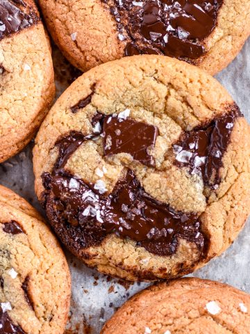 Cookies shown from an above angle. You can see the pools of melted chocolate.