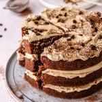 Chocolate Espresso Martini Cake shown with a slice missing.