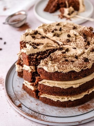 Chocolate Espresso Martini Cake shown with a slice missing.