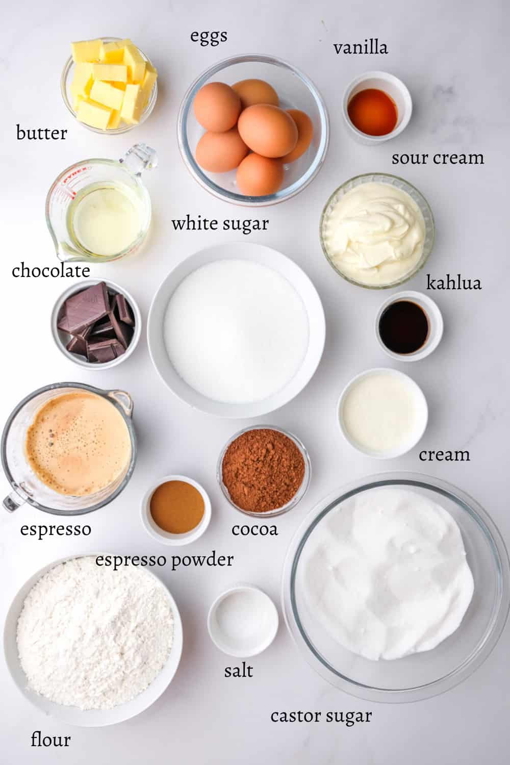 Image shows ingredients needed to make this espresso cake recipe. 