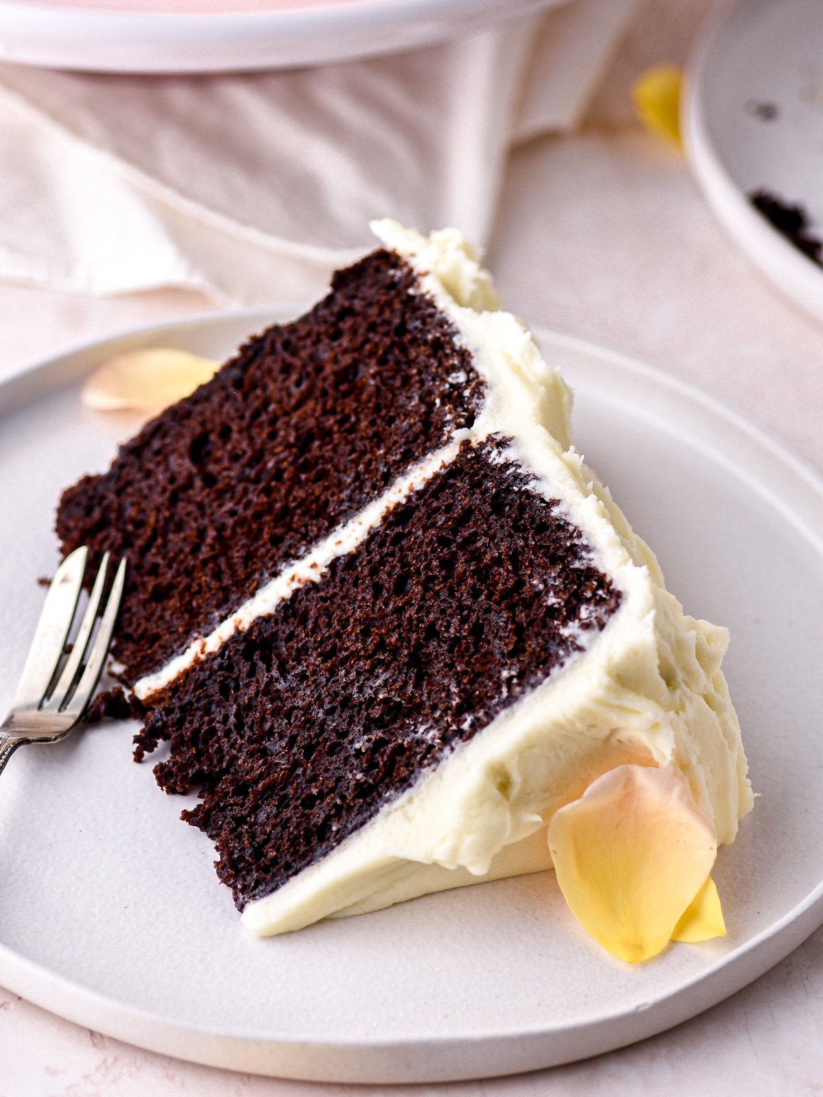 Image showing a slice of dark chocolate cake with cream cheese frosting, you can see the dense chocolatey texture of the cake.