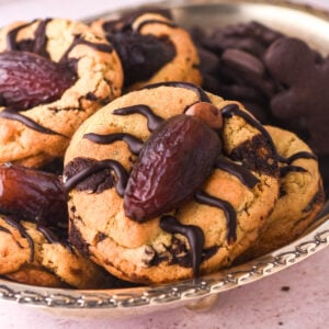 Halloween Cockroach Cookies shown in a silver basket.