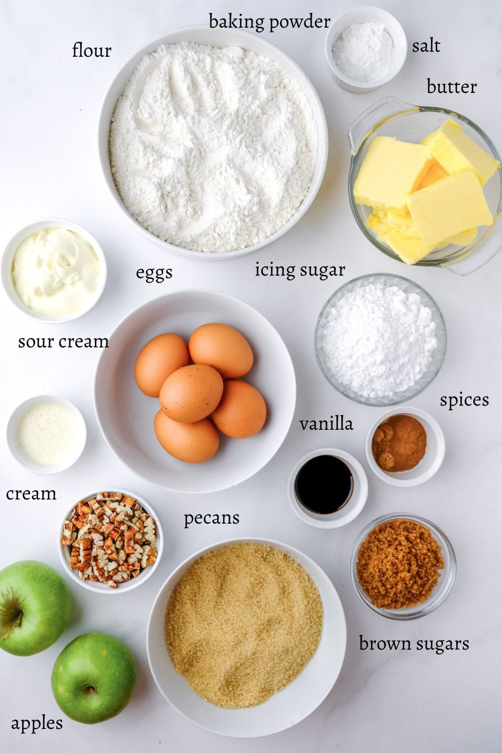 Image shows ingredients needed to make this Apple, Pecan, Caramel Cake.